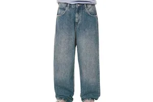Men Vintage Wide Leg Denim Jeans Blue Washed Loose Fit Straight Baggy Streetwear Casual Pants For Wholesale OEM