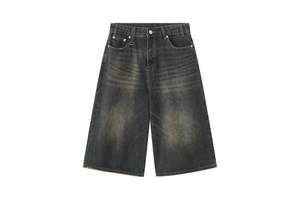 Custom Men's Vintage Acid Washed Jean Shorts Loose Fit Baggy Jeans Jorts Mid Waist Streetwear Casual Style Zipper for Summer