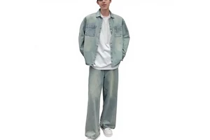 Niche Distressed Vintage Denim Jacket Men's Set Loose Shoulder-Padded Nylon/Cotton All-Match Cool Handsome Casual Solid Denim