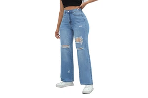 High Quality Stylish Distressed Denim Jeans for Women Mid-Waist Straight Cut Casual Streetwear Logo Hole Button Zipper for