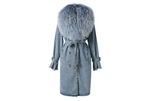 Fashion Long Trench Coat Women Denim Trench Coat With Detachable Mongolian Fur Collar
