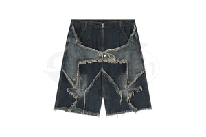 YOUMI Custom Men's Vintage Denim Jean Shorts Half Pant Summer Distressed Cotton Jorts Raw Hem Cut Edge Patch Embroidered Design