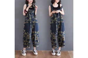 Wholesale Spring Aging Reduction Printed Denim Backstraps New Large Size Hanging Straps Wide Leg Women's Jumpsuit