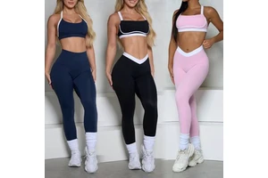 Custom V Waist Scrunch Butt Yoga Set Cross Back Sports Bra Leggings 2 Piece Workout Activewear Gym Fitness Clothes for Women