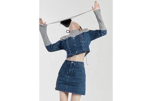 Women's Sweater Denim Blouse Spliced Two Pieces Ladies Jeans Set Custom Lace up Denim Suit Women