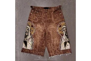 High Quality Custom Hip Hop Streetwear Y2k Diamonds Embroidery Distressed Vintage Raw Hem Acid Wash Rhinestone Men Denim Shorts