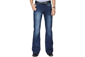 Men's Straight-Leg Stonewashed Denim Jeans Midweight Cotton Casual Fit Dark Blue Regular Waist Autumn Style