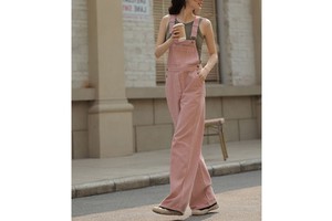Pink Loose Breathable Denim Casual Fashion Women Jumpsuit with Shoulder Strap and Side Buttons Full Length Overall