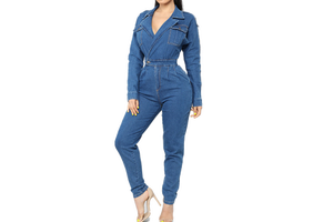 Women's Casual Plus Size Denim Overall Playsuit with Long Sleeves Breathable Jeans Rompers with Button Decoration