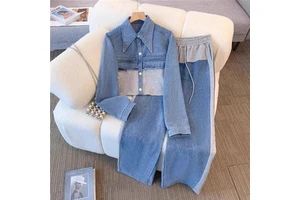 Wholesales Spring Autumn New Long-sleeved Top Wide-leg Long Pants Two-piece Outfit Denim Patchwork Fashion Casual Suit for Women