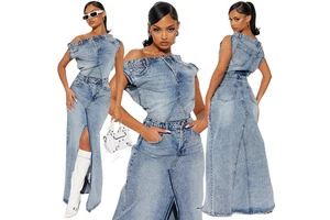 Europe and the United States 2024 New Women's Denim Casual Solid Colour Suit Autumn and Winter Split Denim Skirt Suit