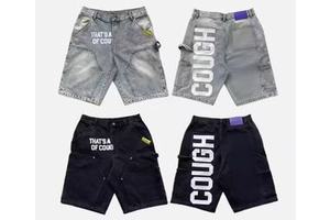 AWFUL LOT COUGH SYRUP Men's Hip Hop High Waist Boyfriend Letter-style Wholesale Streetwear Crystal Rhinestone Denim Shorts