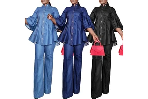 Two Piece Sets Women Autumn Denim Blouse Turtleneck Single Breasted Butterfly Sleeve Top Straight Pants Suit Casual Outfits