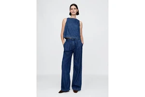 Street Style Women's Denim Suit Set Tailored Long Sleeve Jean Shirt Matching Wide-Leg Pants Dark Indigo Autumn/Winter/Summer