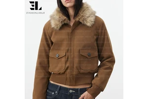 LARSUR Custom Factory Distressed Wash Cotton Twill Bomber Jacket With Removable Fur Collar Motorcycle Denim Jean Jacket Women