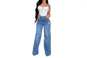 Wholesale Stretch High Waist Loose Fit Women's Denim Jeans with Cut-Out Detail Light Wash Wide Leg