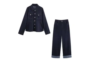 Set Women's autumn 2025 new casual fashion lapel denim long sleeve coat+retro women's high waist straight denim trousers suit