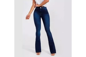 High Waist Dark Wash Flare Denim Jeans Women's Skinny Fit Full Length Casual Style Solid Color Button Front Woven Cotton Spring