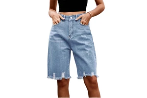 Women Light Blue Denim Straight Knee Length Shorts Mid Waist Casual Summer Vintage Loose Fit Button Detail Washed Premium
