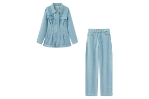 Top Trending Customized Design Women's Casual Skinny Canvas Denim Solid Long Two Piece Suits Summer Breathable Quick Dry