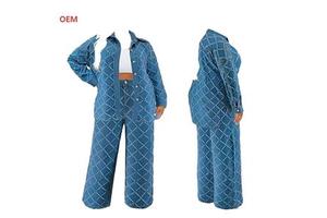 OEM Plus Size Women's Casual Denim Suit Solid Pattern Wide Leg Trousers Long Sleeves Blazers Button Formal Two-Piece Set Autumn