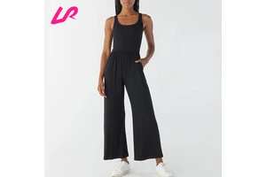 Custom Logo Active Sports Jumpsuit U-Neck Side Deep Pocket Wide Leg High Waist Culotte Double-Layered Bodice Breathable Casual