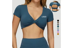 Breathable Lightweight Four-Way Stretch Short Sleeve V-Neck Seamless Plus Size Workout Crop Top Padded Athletic Yoga Front for