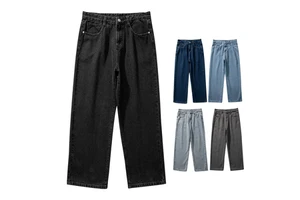 Men's High Waist Straight Leg Denim Jeans 100% Cotton Washed Casual Pants Breathable Midweight Button Fly