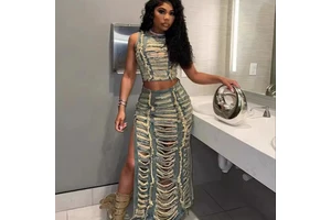 Women's Summer Denim Suit Cross-Border Fashion with Personalized Hand-Worn Vest and High Slit Denim Skirt