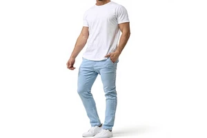 2026 Men's Ripped Blue Hip Hop Utility Slim Fit Mid Waist Straight-leg Jeans Button Fly Coated Denim with Rivet Washed for Men