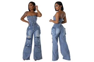 Ladies Blue off Shoulder Overall Jeans Fall Woman Flare Rompers Bodycon Wideleg Strapless One Piece Denim Jumpsuits for Women