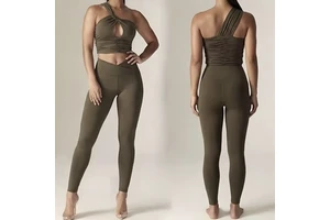 Custom Women 2 Piece Yoga Set One Shoulder Cutout Ruched Crop Top V Cross Waist Leggings Activewear Gym Workout Clothing