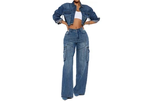 High Quality Solid Denim Cotton Full Length Cargo Style Teenagers Women's Jeans Jacket Set Breathable Streetwear Washed