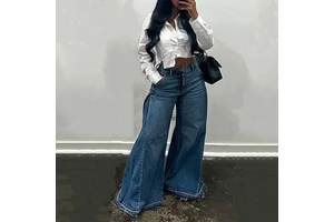 Women's Denim Jeans Pants Cross-Border US Women's Breathable Casual Denim Jeans-Blue Wide-Leg Regular Fit Floor-Length Pants
