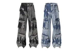 Men's Washed Vintage Multi-Pocket Design Straight Jeans Loose Denim Casual Retro Pants High Street Personality Washed Trousers