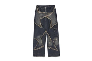 Wholesale Custom Streetwear Plus Size Denim Applique Embroidery Pants Straight Wide Leg Pants Long Pant Men's Jeans