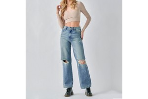 Wholesale Custom Denim Jeans High Waist Wide Leg Ladies Baggy Boyfriend Jeans Vintage Distressed Classic Dad Jeans For Women
