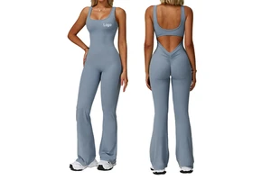 7-1 FC 78% Nylon 22% Elastane Flare Jumpsuit Ladies Wide Leg Fitness Wear Sleeveless Premium Gym Wear Sports Jumpsuit