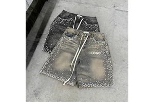 Custom Logo Front Manufacturer Streetwear Vintage Wash Mid Waist Button Fly Cargo Print Men's Jeans Shorts Rhinestones Denim