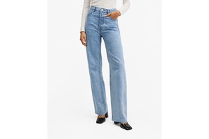 Fray Cut Hem Washed Blue High Rise Waist Relaxed Loose Wide Leg Fit Jeans 100% Cotton Denim Pants Women
