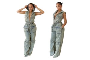 New Denim Cargo Pocket Overalls Women Sleeveless Tight Waist Romper One Piece Hooded Denim Jumpsuits