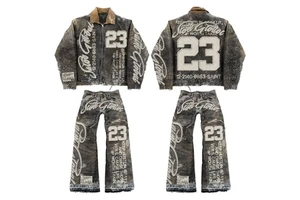 Custom Men's Distressed Long Sleeve Ripped Denim Jacket Loose Fit Vintage Holes Washed Patchwork Motorcycle Biker Jacket