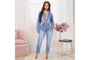 Sexy Sleeveless Denim Halter Neck Bootcut Straight Leg Cargo Jumpsuit Jeans for Women