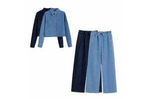 Set High-quality Women's 2 Pieces Fashion Denim Fabric Short Shirt Retro Long-sleeved Blouse+jeans Women's Suit