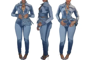 Viviblook Z1230ST08 Women's Denim Set Sexy Washed Denim Zip Long Sleeve Crop Jacket Pants Casual Two Piece Plus Size Set