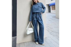 Wholesale Custom Women Pleated High Waist Knitted Denim Straight Pants Simple Regular Fit Vintage Blue Casual Spring Summer