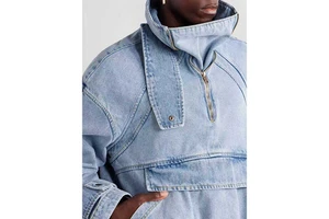 Women's Vintage Style Light Blue Denim Jacket Loose Fit With Stand-Up Collar Half-Zipper Button Decoration For Autumn Winter Use