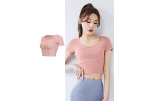 Square Neck Short Sleeve Crop Top Seamless Breathable Spandex Polyester Yoga Top High Waist Solid Color