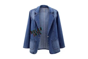 Customizable Women's Denim Motorcycle Jacket Blazer Quick Dry Breathable Cotton Lining Detachable Collar Sleeves