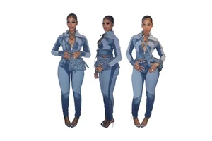 Maining New Fall Stretch Denim Patchwork Two Pieces Pants Set With Denim Jacket and High Waist Jeans Denim Pants